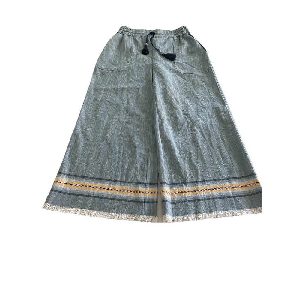 Womens Blue Striped Cropped Pants Elastic Waist Drawstring Tassel Frayed Hem - Picture 10 of 10